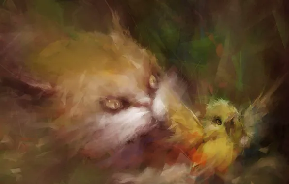 Картинка кошка, птица, Рисунок