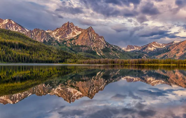 Картинка лес, горы, озеро, отражение, Скалистые горы, Rocky Mountains, Idaho, Айдахо