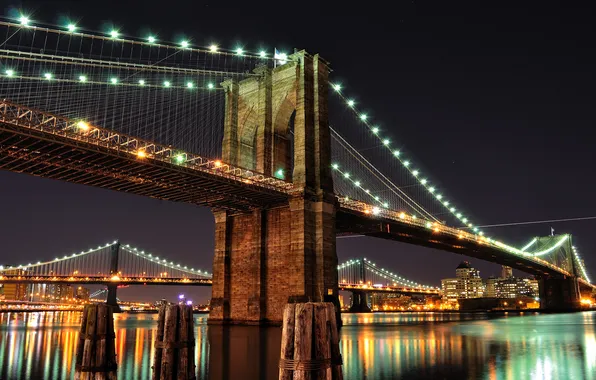 Ночь, мост, город, огни, река, Нью-Йорк, USA, Brooklyn