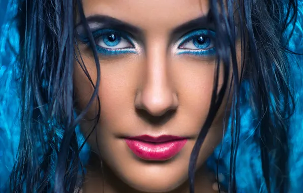 Картинка взгляд, девушка, макияж, тени, голубые глаза, мокрые волосы