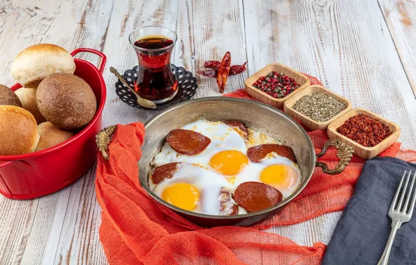 Breakfast, tea, egg, spice, sausage