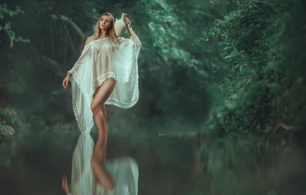 Лето, вода, девушка, природа, отражение, грация, кувшин, накидка