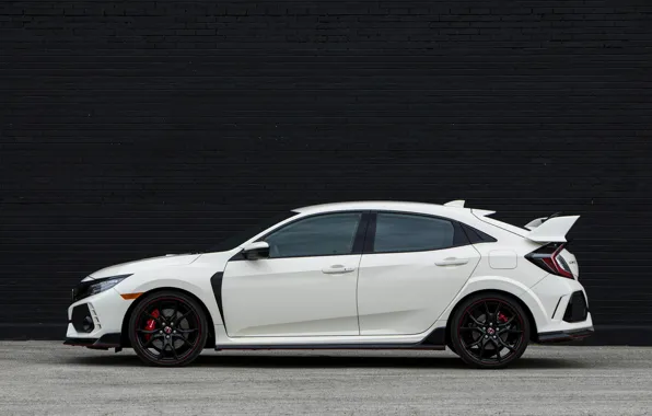 Белый, стена, Honda, вид сбоку, хэтчбэк, пятидверный, 2019, Civic Type R