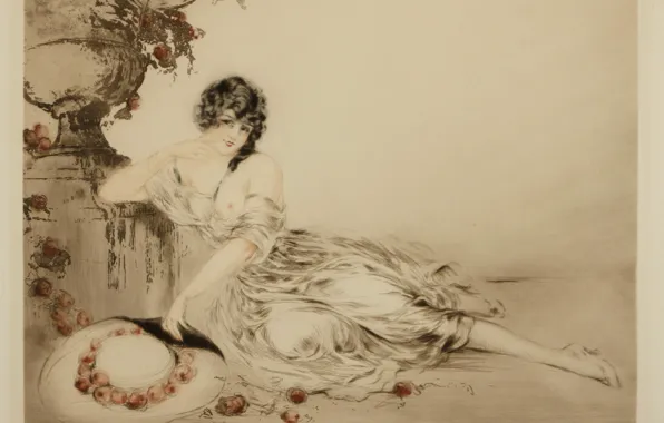 Картинка яблоки, шляпа, 1923, Louis Icart, арт-деко, офорт и акватинт, Возле урны.