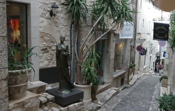 Картинка цветы, Франция, скульптура, улочка, Лазурный берег, Сен-Поль-де-Ванс