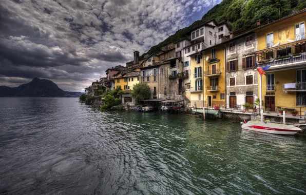Озеро, HDR, Швейцария, Lake Lugano, Gandria