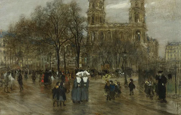 Картина, городской пейзаж, Jean-Francois Raffaelli, Жан-Франсуа Рафаэлли, Площадь Сен-Сюльпис. Париж