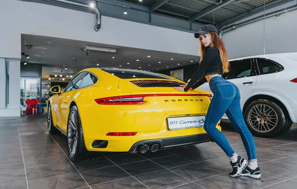 Машина, авто, поза, джинсы, Porsche, фигура, кепка, бейсболка