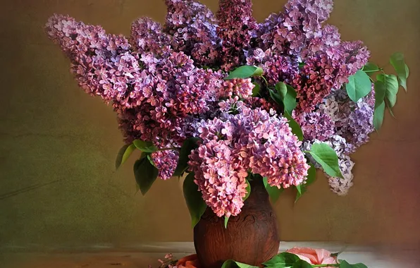 Листья, букет, кувшин, сирень