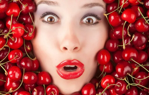 Pretty, face, cherry, funny, cherries, silly, lipstick, surprise