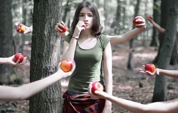 Девушка, абстракция, яблоки, руки