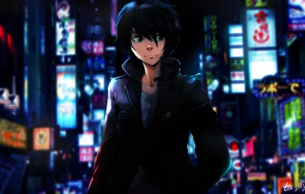 Город, арт, вывески, парень, ibroid, Higashi no Eden, Eden of The East, Akira Takizawa