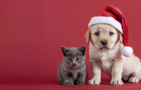 Кошка, белый, взгляд, поза, котенок, серый, собака, Рождество