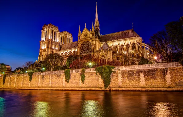 Ночь, река, Франция, Париж, Paris, France, Notre Dame de Paris, Нотр-Дам-де-Пари