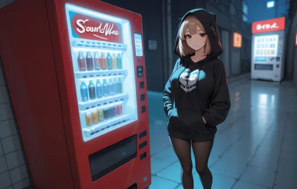 Girl, black, anime, standing, hoodie, machines, vending