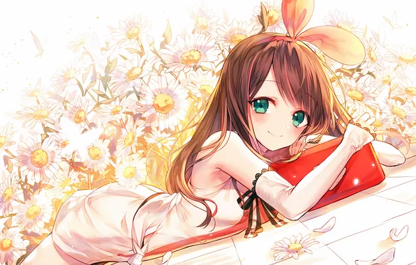 Girl, green eyes, long hair, dress, anime, flowers, beautiful, pretty
