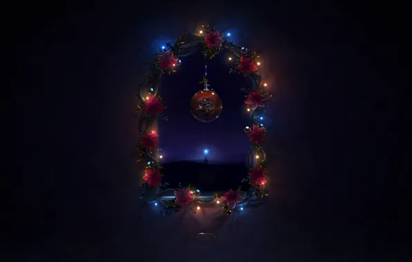 Картинка ночь, огни, дерево, новый год, шар, рождество, ель, окно