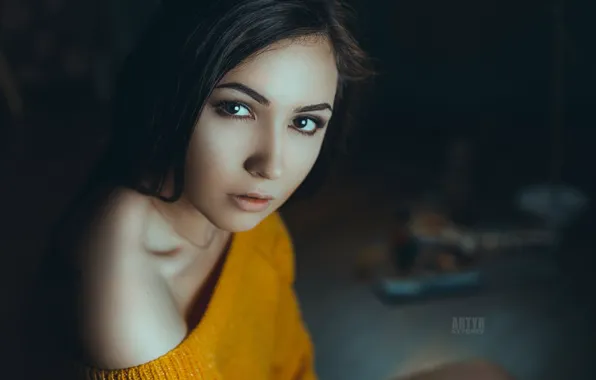 Взгляд, поза, модель, портрет, макияж, брюнетка, прическа, плечо