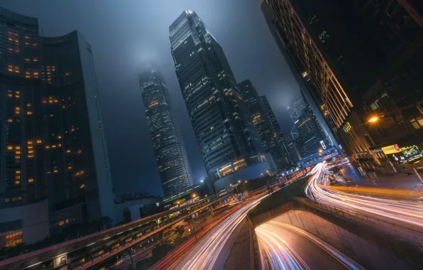 Картинка свет, ночь, город, движение, выдержка, Китай, Гон-Конг
