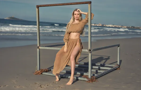 Waves, beach, sky, long hair, sand, outside, sexy woman, footprints