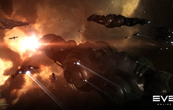 Туманность, астероиды, Космос, space, битва, космический корабль, eve online, battle
