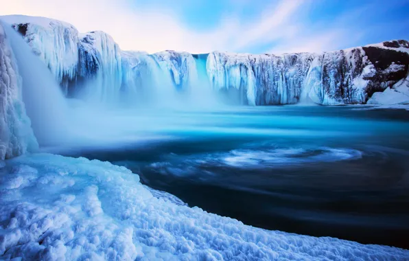 Картинка зима, вода, снег, водопад, Исландия, sky, landscape, nature