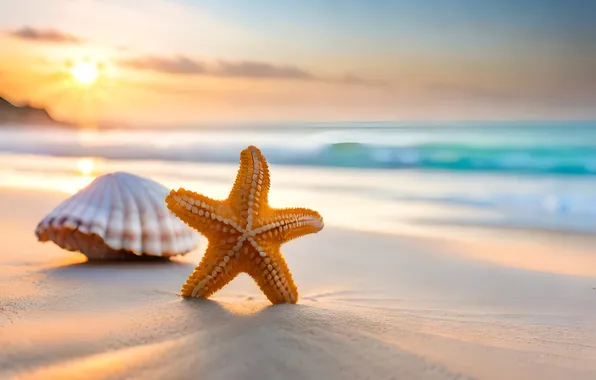 Песок, море, пляж, лето, закат, ракушка, summer, beach