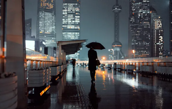 Девушка, огни, улица, зонтики, Шанхай, Восточная Жемчужина Шанхай, Шанхай башня