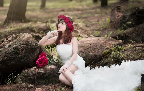 Взгляд, девушка, цветы, азиатка