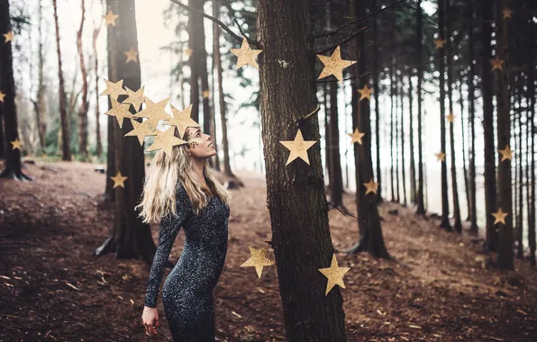 Картинка лес, девушка, звёзды