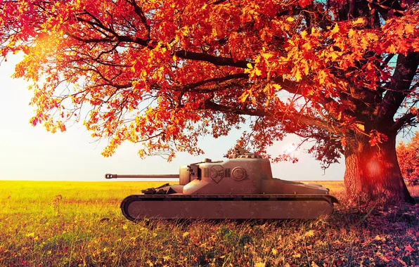 Картинка осень, листья, дерево, Англия, танк, Великобритания, wot, World of Tanks