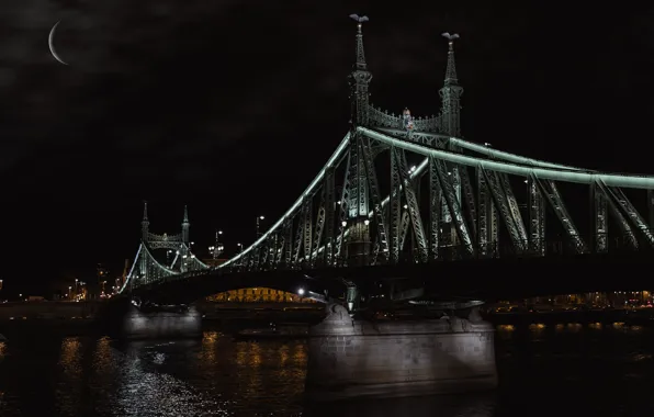 Ночь, мост, река, луна, Будапешт