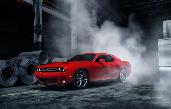 Muscle, Dodge, Challenger, Red, Car, Front, Smoke, American