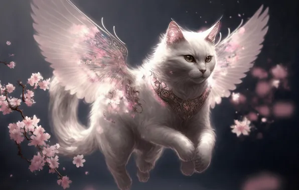 Кошка, белый, кот, полет, цветы, сияние, крылья, ангел