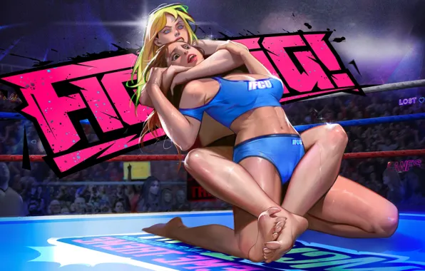 Картинка women, artwork, fighting, wrestling, feet, belly, blonde, sports bra