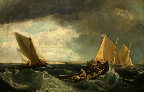 Картинка море, волны, небо, пейзаж, шторм, люди, лодка, картина