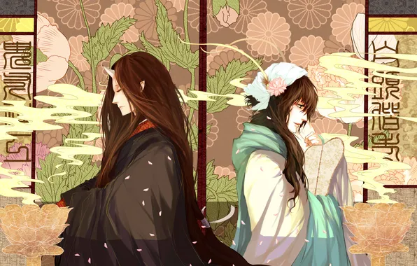 Цветы, дым, лепестки, демон, длинные волосы, Hoozuki no Reitetsu