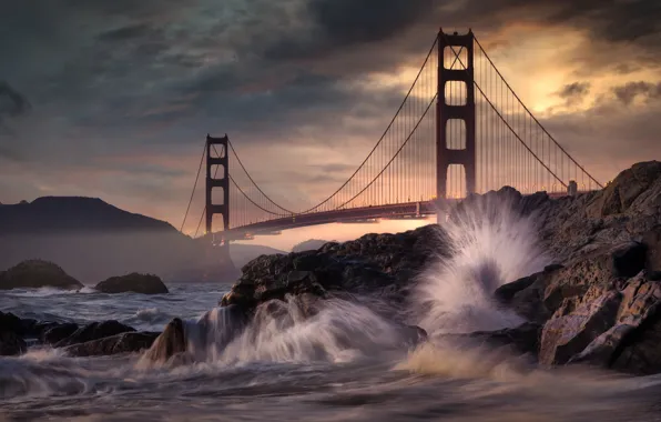 Море, мост, камни, скалы, Калифорния, Сан-Франциско, Golden Gate Bridge, California