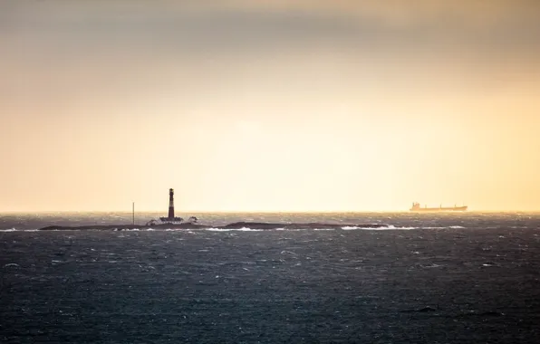 Sea, ship, wind, sunlight, lighthouse, troubled sea