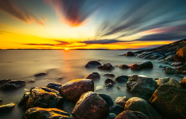 Море, небо, солнце, облака, пейзаж, закат, природа, камни