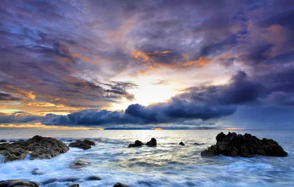 Картинка море, небо, вода, закат, скалы, Португалия