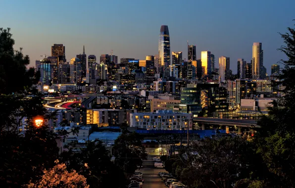 Огни, вечер, Калифорния, Сан-Франциско, США, skyline
