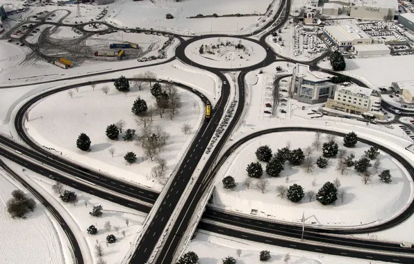 Дорога, снег, Франция, дома, развязка, панорама, Бретань, Сен-Мало