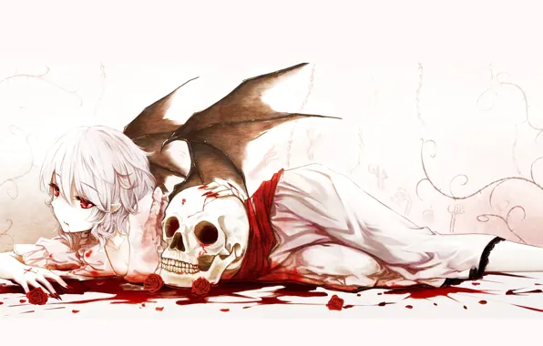 Кровь, череп, красные глаза, touhou, вампирша, черные крылья, Remilia Scarlet