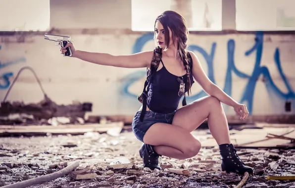 Картинка gun, pistol, legs, weapon, model, women, cosplay, ruins