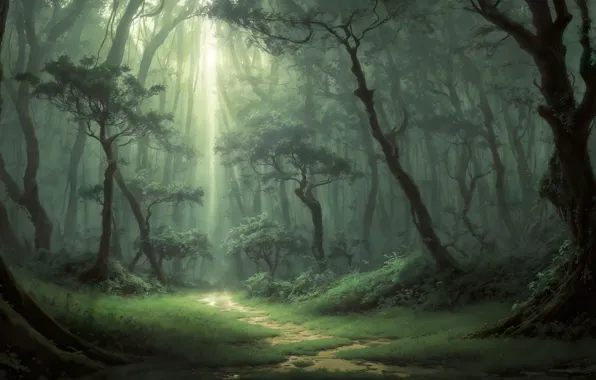 Forest, landscape, art, pathway, digital art, fantasy art, mysterious, thicket