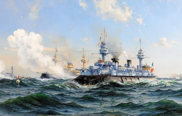 Море, волны, облака, флот, Крейсер, Herman Gustav Sillen