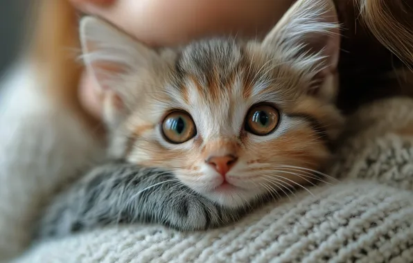 Кошка, взгляд, девушка, поза, котенок, малыш, мордашка, хозяйка