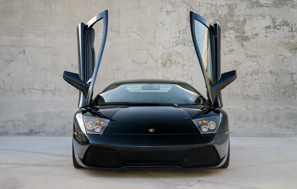 Черный, Lamborghini, Murcielago, передок, ламбо двери, Lamborghini Murcielago LP640