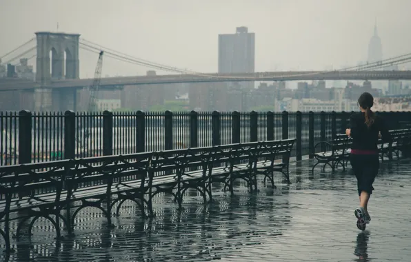 Девушка, мост, city, город, дождь, Нью-Йорк, Бруклин, USA
